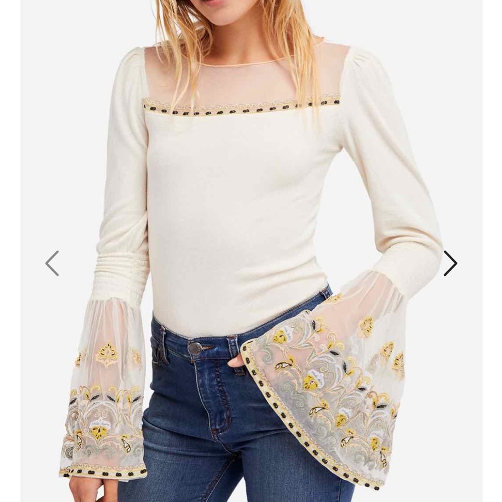 Free People High Tides Size XS Ivory Knit Bell Sleeve Top Embroidered